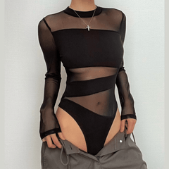 Rundhalsausschnitt, langärmliger Bodysuit aus unregelmäßigem Mesh-Patchwork 