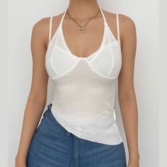 Top corto camisola liso irregular con cuello halter y lazo anudado en forma de gofre 