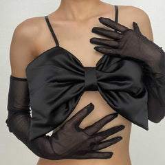 Bowknot solid gloves backless mesh cami crop top