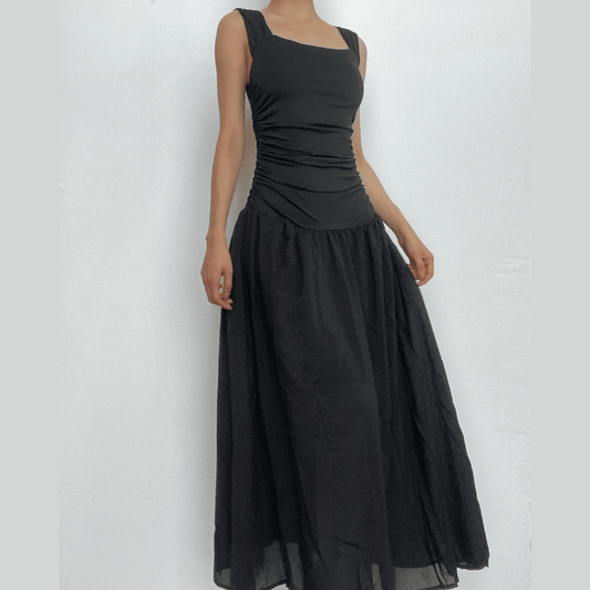 Square neck ruched backless cap sleeve solid maxi dress