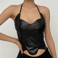 Ärmelloses, vorn überkreuztes Neckholder-Crop-Top aus PU-Leder zum Selbstbinden, rückenfrei