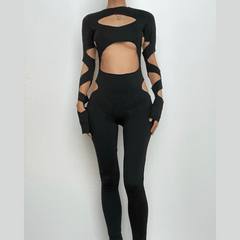 Hollow out long sleeve crewneck solid jumpsuit