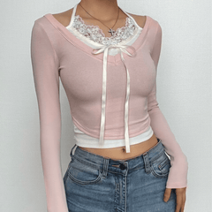 Lace contrast halter patchwork long sleeve crop top