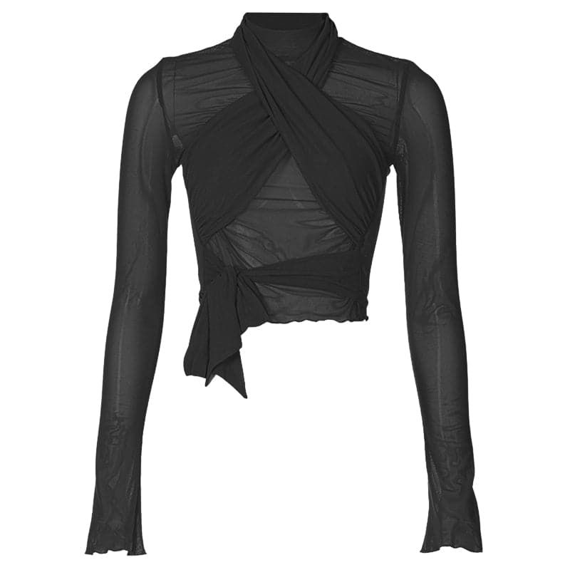 Long sleeve high neck cross front mesh ruched ruffle top