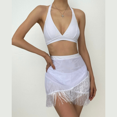 Traje de baño de 3 piezas con borlas, liso, con lazo en la espalda, estilo halter, sin espalda