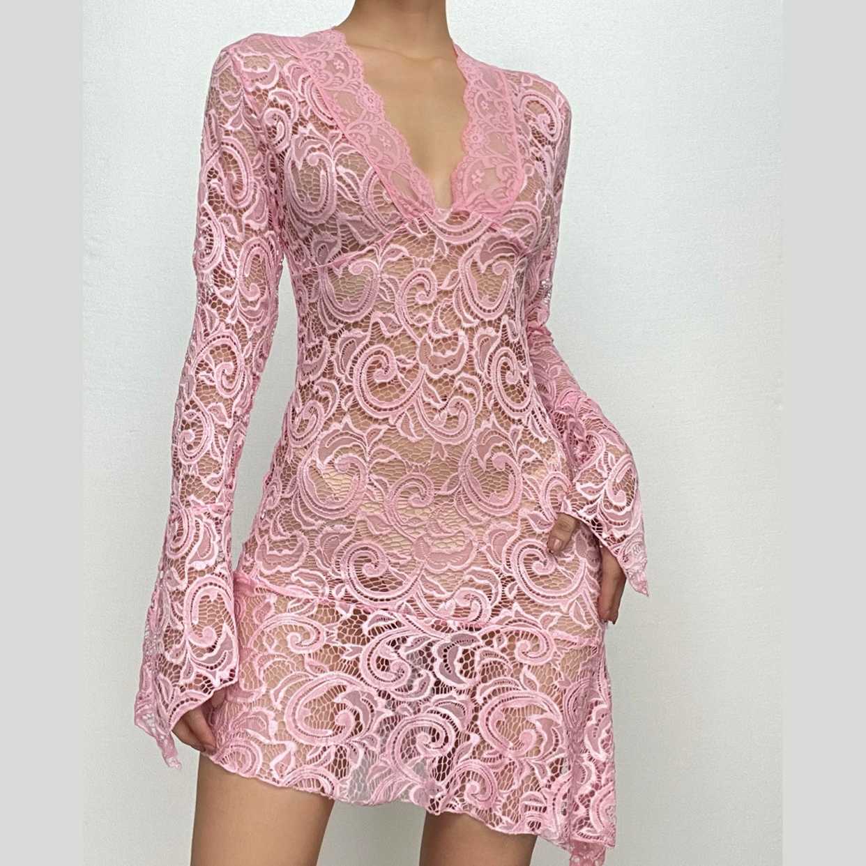 Lace see through flared sleeve v neck irregular solid mini dress - Final Sale