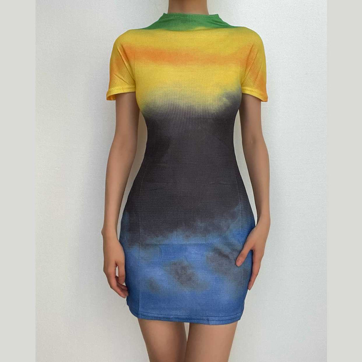 Tie dye contrast short sleeve crewneck mini dress