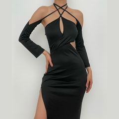 Hollow out cross front gloves solid self tie slit midi dress