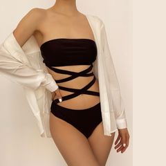 Cross front solid self tie padded tube bikini swimwear