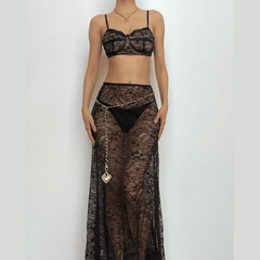 Lace see through v neck contrast cami maxi skirt set