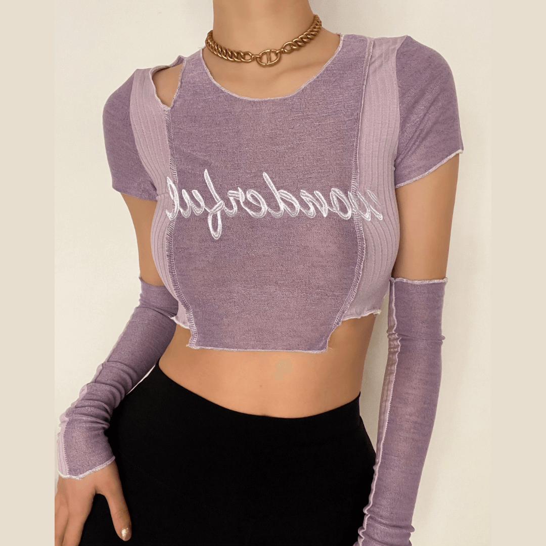 Lone sleeve letter embroidered ruffled crop top