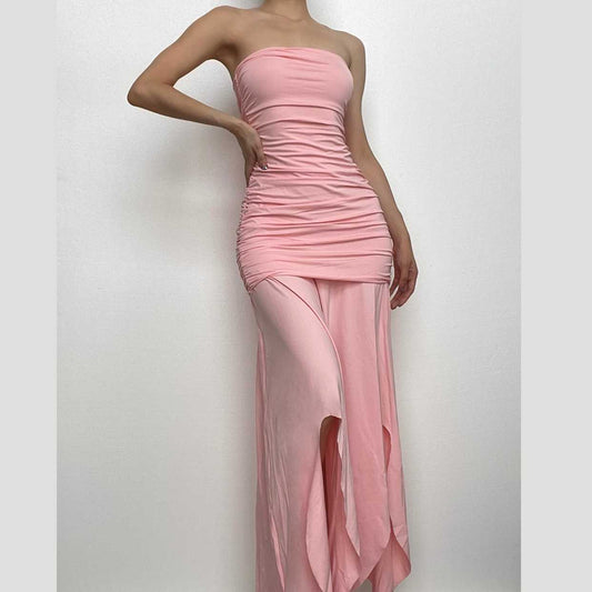 Ruched solid slit irregular backless tube maxi dress