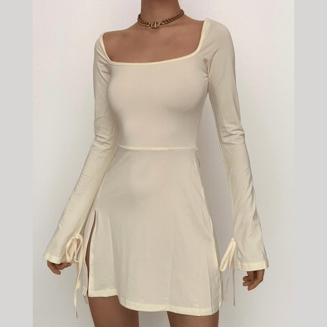 Long sleeve solid slit square neck self tie mini dress