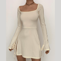 Long sleeve solid slit square neck self tie mini dress