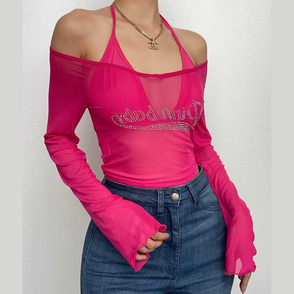 Schulterfreies, langärmliges Neckholder-Crop-Top aus Netzstoff mit Perlenbesatz, 2-teilig