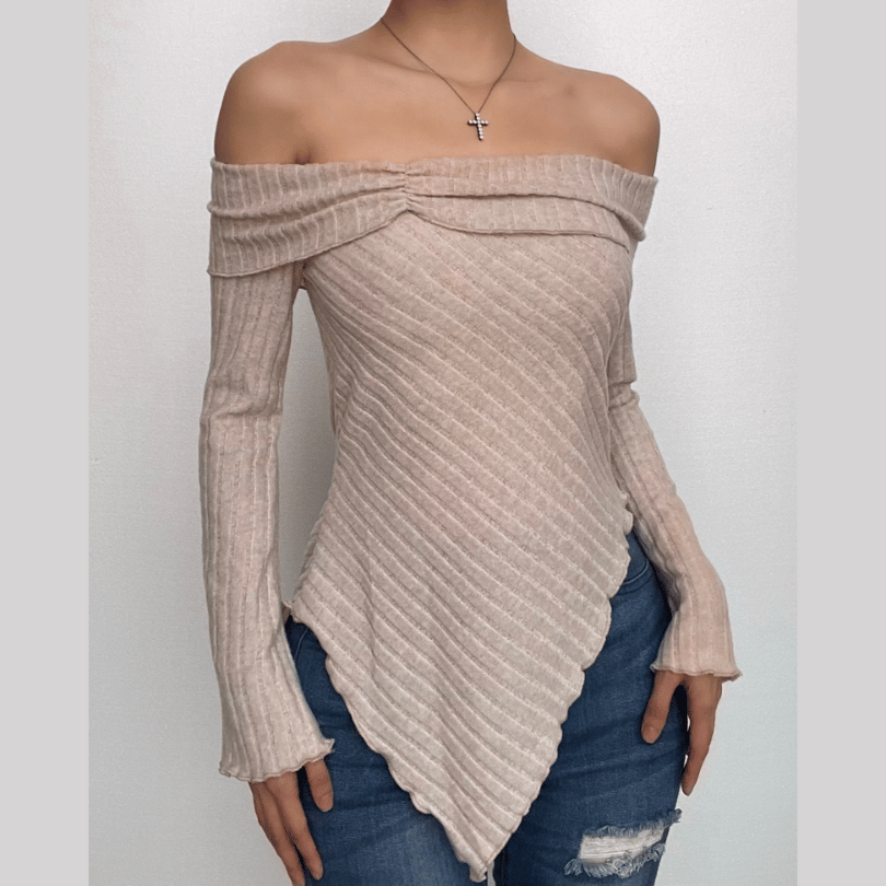 Textured irregular ruffle off shoulder long sleeve top