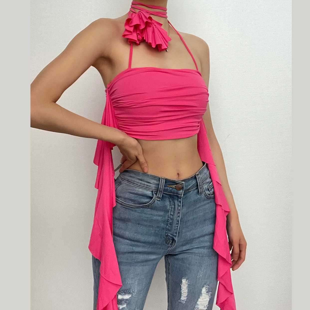 Einfarbiges Neckholder-Crop-Top mit Blumenapplikation und gerüschtem Band 