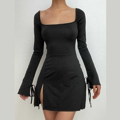 Long sleeve solid slit square neck self tie mini dress