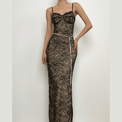 Lace contrast zip-up backless slit cami maxi dress