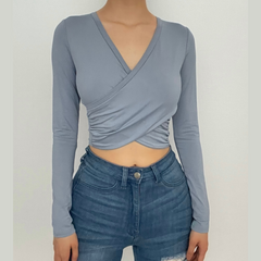 Cross front ruched solid v neck long sleeve crop top