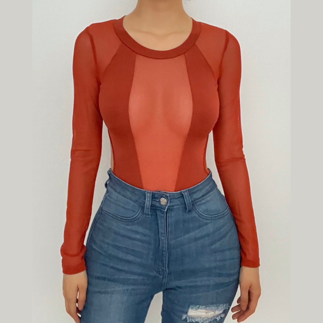 Mesh patchwork hollow out crewneck long sleeve bodysuit