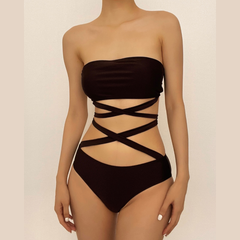 Cross front solid self tie padded tube bikini swimwear