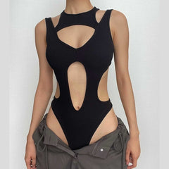 Hollow out sleeveless backless solid bodysuit