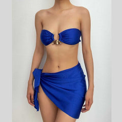 Solid o ring backless knotted tube 3 piece swimwear