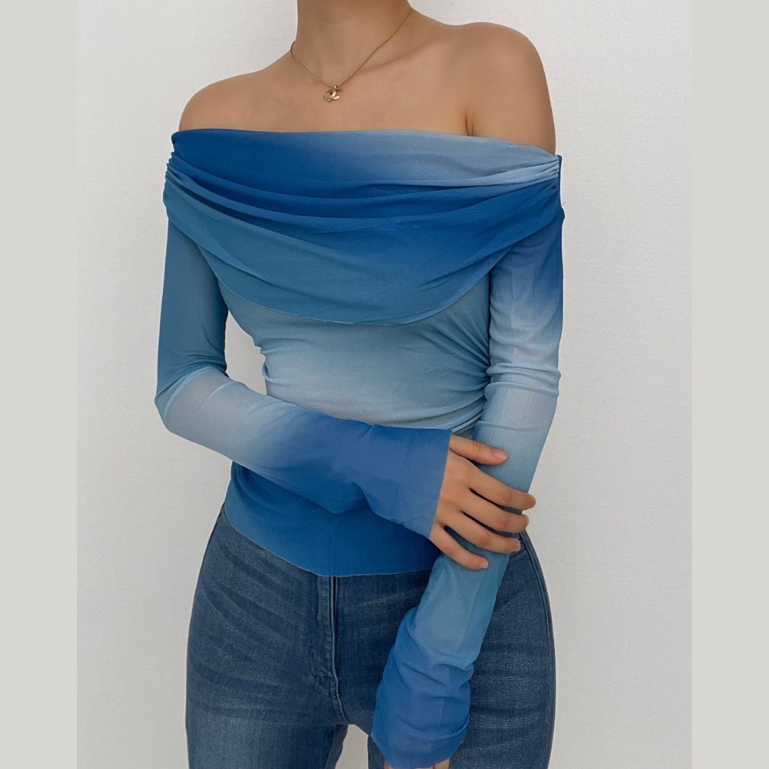 Long sleeve tie dye sheer mesh off shoulder backless top