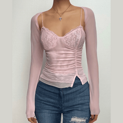 Lace patchwork mesh long sleeve ruched solid shrug cami top