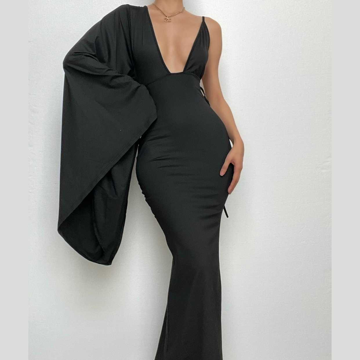 Irregular backless one shoulder flared sleeve solid maxi dress