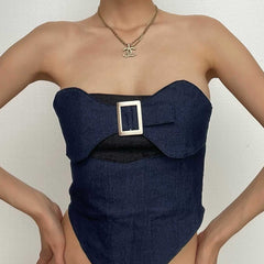 Rückenfreies Jeans-Tube-Top mit Schnalle und Patchwork in Kontrastfarbe