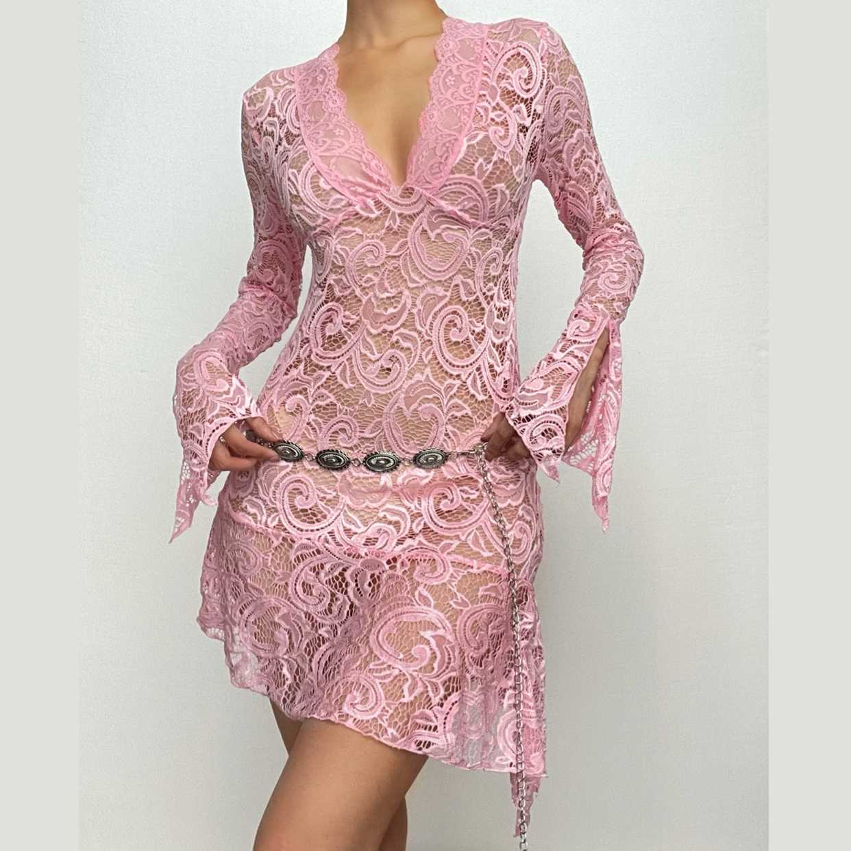 Lace see through flared sleeve v neck irregular solid mini dress - Final Sale