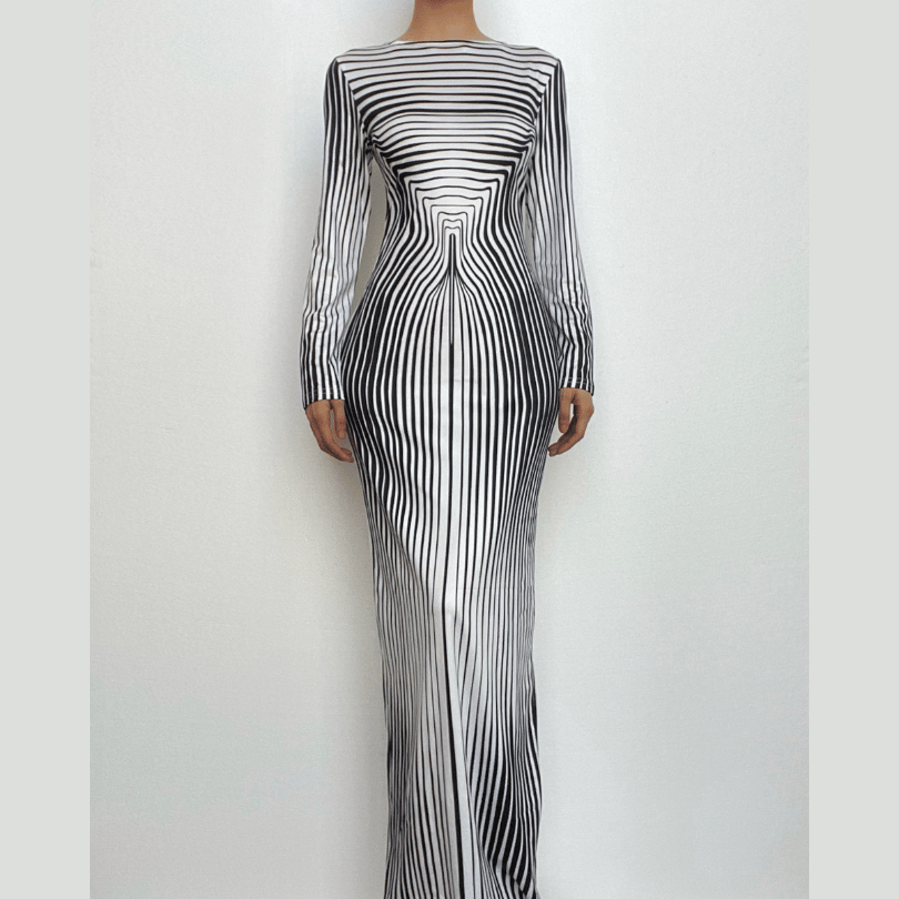 Striped print long sleeve crewneck contrast maxi dress