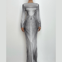 Striped print long sleeve crewneck contrast maxi dress