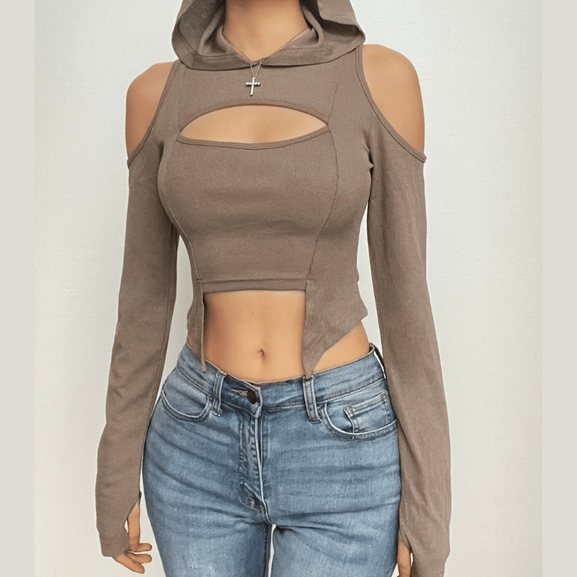 Ausgehöhltes, schulterfreies Kapuzenpullover mit Handschuhen, langärmliges Crop-Top 