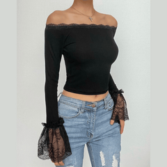 Lace hem off shoulder long flared sleeve crop top