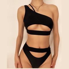 Einfarbiger Bikini mit hoher Taille und One-Shoulder-Träger und ausgehöhltem Design 