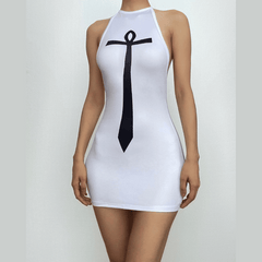 Cross pattern halter contrast backless self tie mini dress