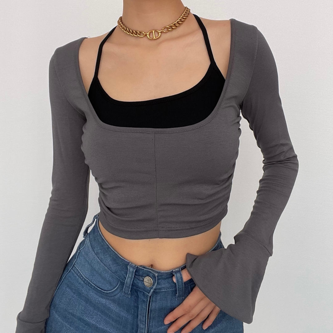 Slit flared sleeve halter ruched 2 piece crop top