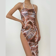 Mesh contrast print o ring halter backless slit 3 piece swimwear