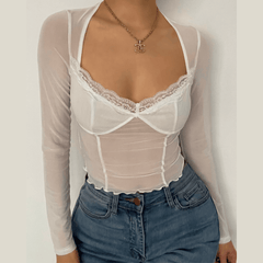 Hem lace ruffled long sleeve mesh crop top