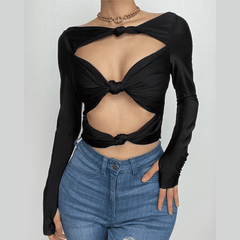 Knotted gloves long sleeve solid hollow out off shoulder top