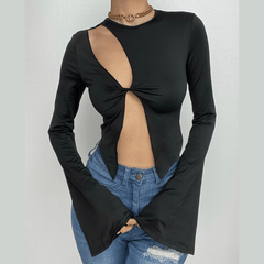 Hollow out irregular long flared sleeve slit solid top