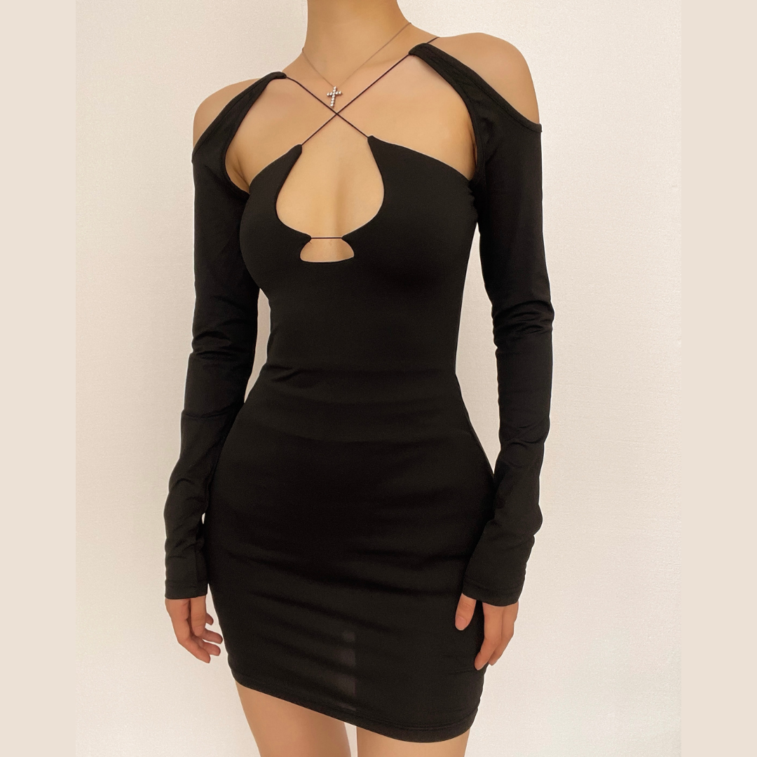 Cross front hollow out off shoulder long sleeve mini dress