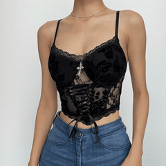 Lace patchwork solid cross applique lace up crop top