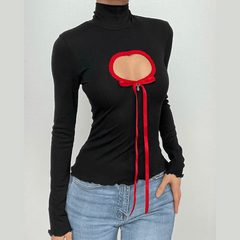 Hollow out contrast long sleeve bowknot top