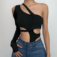 Hollow out irregular one shoulder solid gloves bodysuit