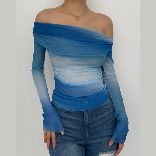 Long sleeve tie dye sheer mesh off shoulder backless top