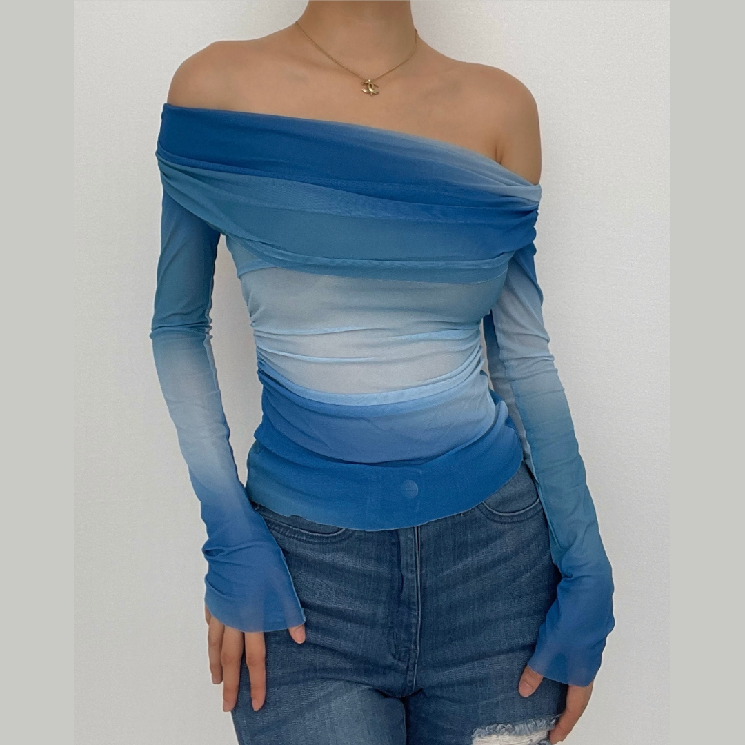 Top de manga larga con efecto tie dye, de malla transparente, con hombros descubiertos y espalda descubierta 